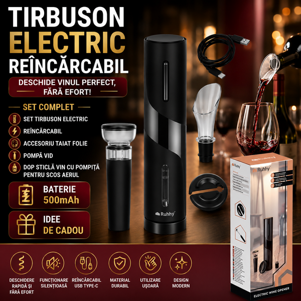 Set Tirbuson Electric, Reincarcabil, Accesoriu taiat folie, Pompa vid, Dop sticla vin cu pompita pentru scos aerul