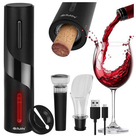Set Tirbuson Electric, Reincarcabil, Accesoriu taiat folie, Pompa vid, Dop sticla vin cu pompita pentru scos aerul