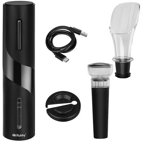 Set Tirbuson Electric, Reincarcabil, Accesoriu taiat folie, Pompa vid, Dop sticla vin cu pompita pentru scos aerul