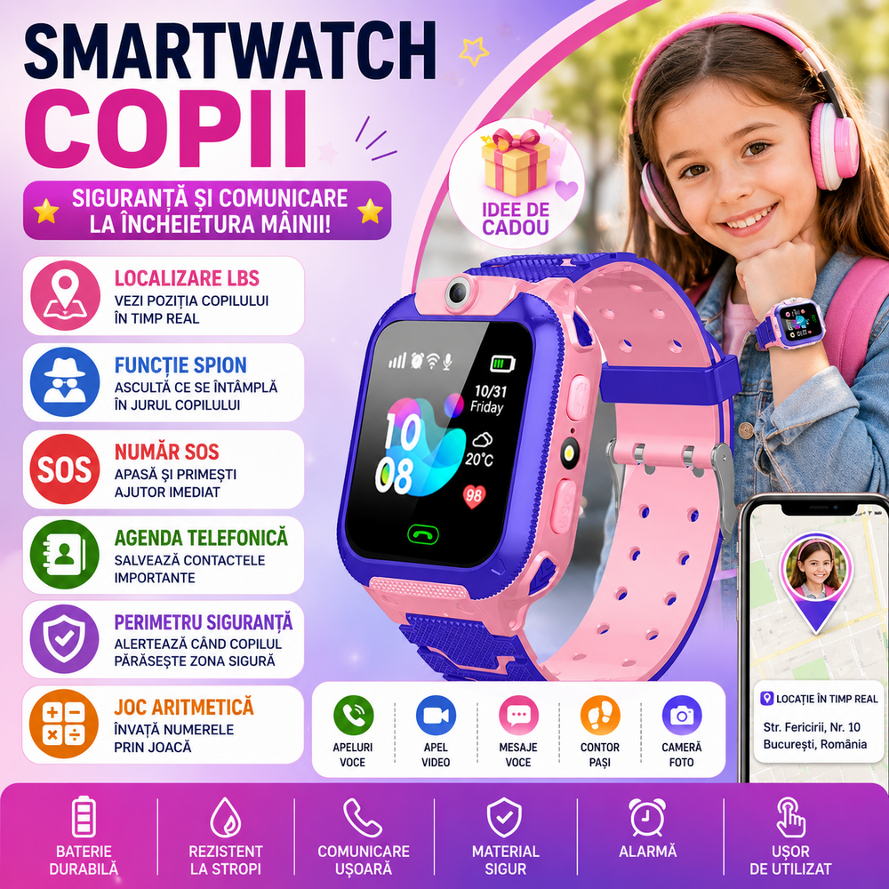 SMARTECH SmartWatch pentru copii cu functie telefon (SIM), Camera, Functie Monitorizare, Localizare LBS, Apelare SOS, Agenda telefonica S320