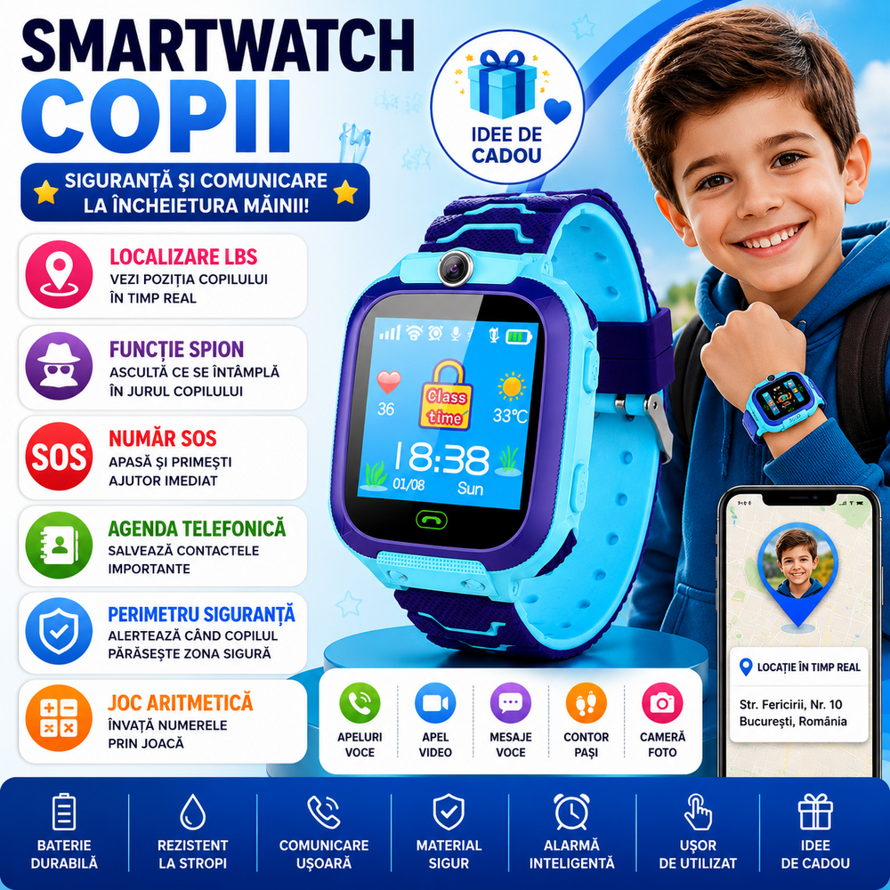 SMARTECH SmartWatch pentru copii cu functie telefon (SIM), Camera, Functie Monitorizare, Localizare LBS, Apelare SOS, Agenda telefonica S321