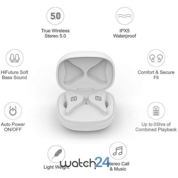 Casti Bluetooth 5.0 HiFuture FlyAir TWS Earbuds, Microfon, raspundere si respingere apel, Accesare vocala Siri sau Google Assistance, HD Voice, Control media, Touch pe casca, Alb