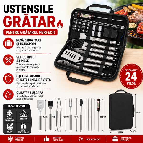 Set 24 ustensile pentru gratar otel inoxidabil