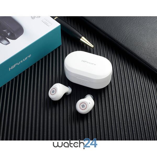 Casti Bluetooth 5.0 HiFuture Tidybuds TWS Earbuds, Microfon, raspundere si respingere apel, Accesare vocala Siri sau Google Assistance, HD Voice, Control media, Touch pe casca, Alb