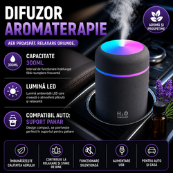 Umidificator de aer cu ultrasunete, difuzor aromaterapie 300ML, cu iluminat LED, pentru casa, birou si masina STH-4