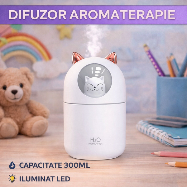 Umidificator de aer cu ultrasunete, difuzor aromaterapie 300ML, cu iluminat LED, pentru casa si birou STH-3