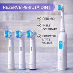 Set 4 rezerve periuta de dinti electrica compatibile Oral-B, peri moi, clasic, inele colorate, alb
