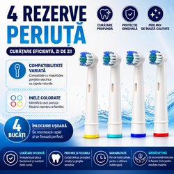 Set 4 rezerve periuta de dinti electrica compatibile Oral-B, peri moi, clasic, inele colorate, alb
